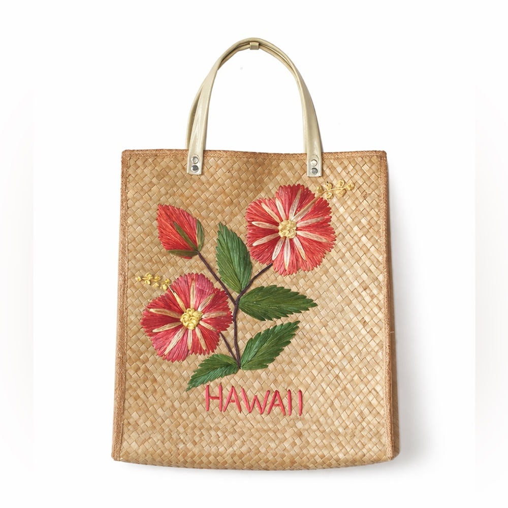 Vintage Hawaiian Lauhala Woven Tote | Straw Floral Souvenir Bag Hawaii